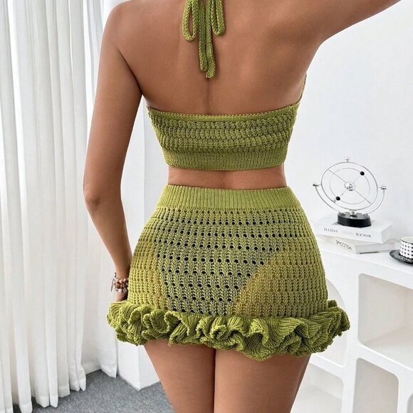 Green Women's Halter Crop Top And Ruffle Hem Mini Skirt Beach Cover Up Set - Picture 2 of 7